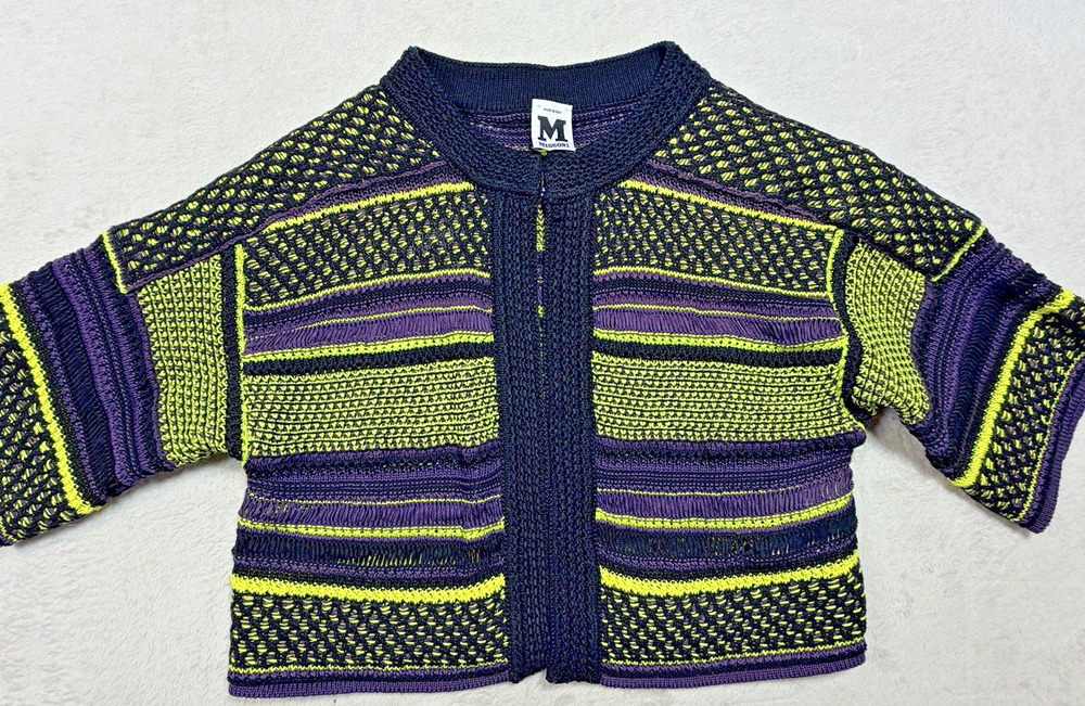 M Missoni Crochet Knit Cropped Cardigan Jacket Neon Lime Purple Size IT 42 US 6